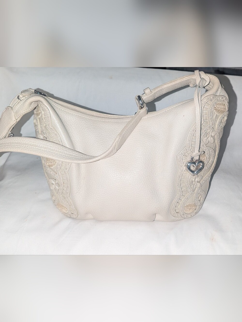 Brighton Off White Nikki Leather Shoulder Bag with Floral  Applique Heart Charm